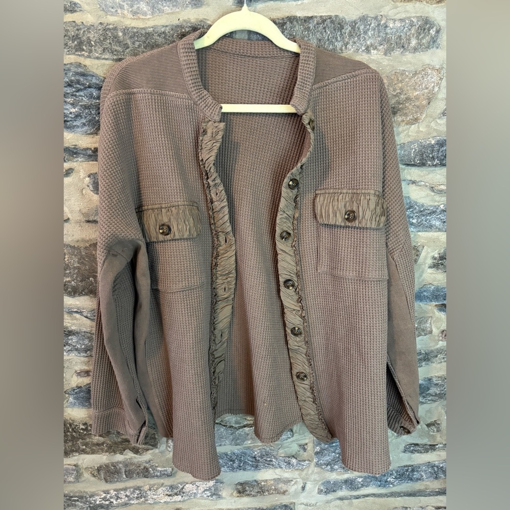 Women Medium Shacket Brown Waffle Knit Cotton Long Sleeve